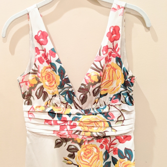 Satin Off-White Floral V Neck Midi Dress - Picture 2 of 14